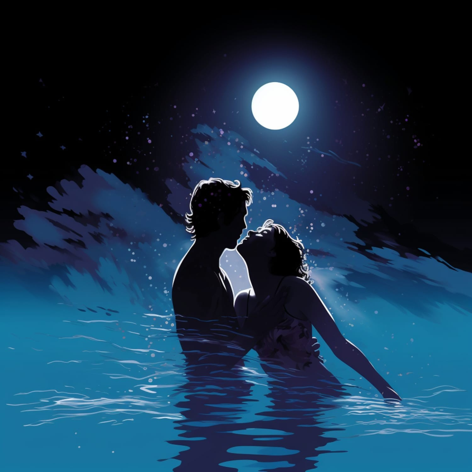 Representación de una pareja en una noche de luna llena